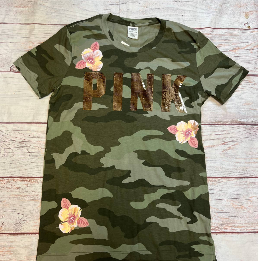 VS PINK Retired Bling Rose Gold Camo Campus Tee XS
